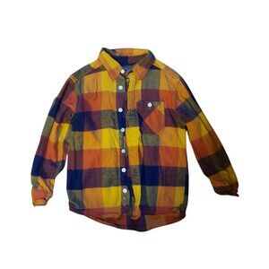 wonder nation Boys Plaid Flannel Button-Up Shirt S (6-7) Yellow Orange Blue